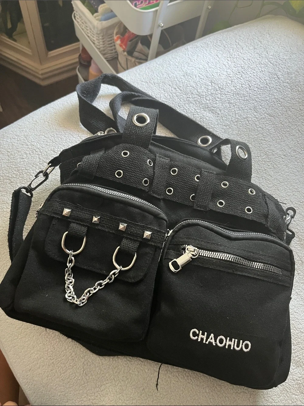 Black Canvas Multi-Pocket Shoulder Bag for Men